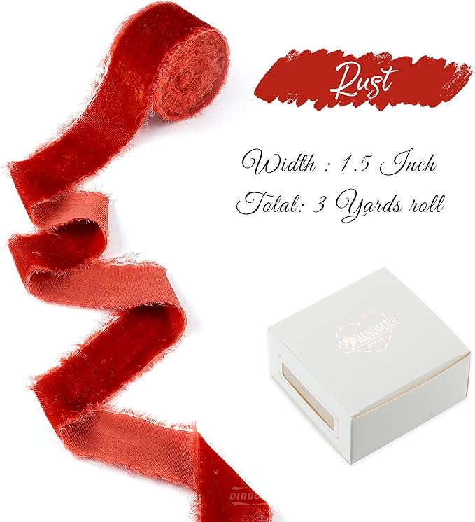 Rust Red Silk Velvet Ribbon 1.5 Inch Frayed Edge Ribbon Rustic Style Fringe - Image 2