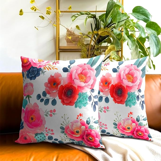 Watercolor Peony Throw Pillow Covers 18x18 Inch Set of 2 Pink Floral Girly - Image 7