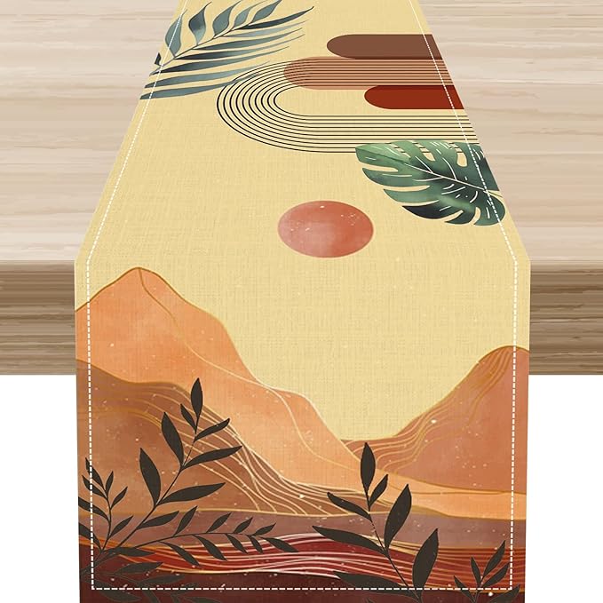 Abstract Mid Century Table Runner, Modern Mountain Sunset Boho Tropical Palm by Unknown