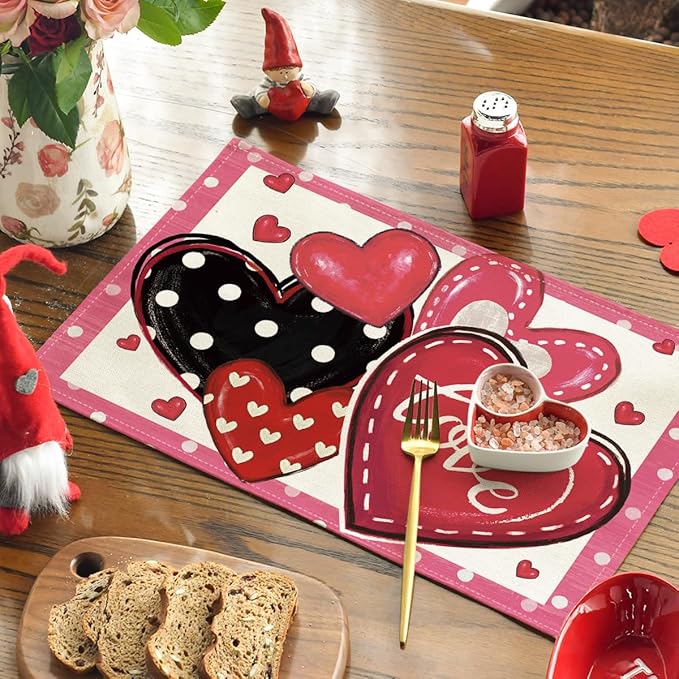 Artoid Mode Dot Hearts Love Pink Valentine's Placemats Set of 4, 12x18 Inch - Image 3