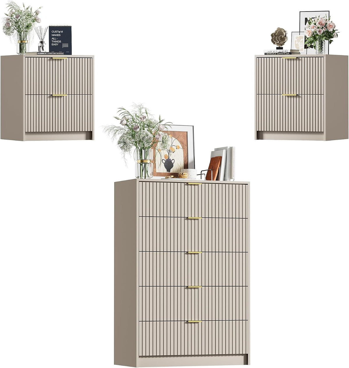 3 piece modern bedroom set, 5 drawer dresser shown in use