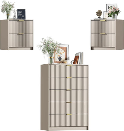 3 piece modern bedroom set, 5 drawer dresser shown in use