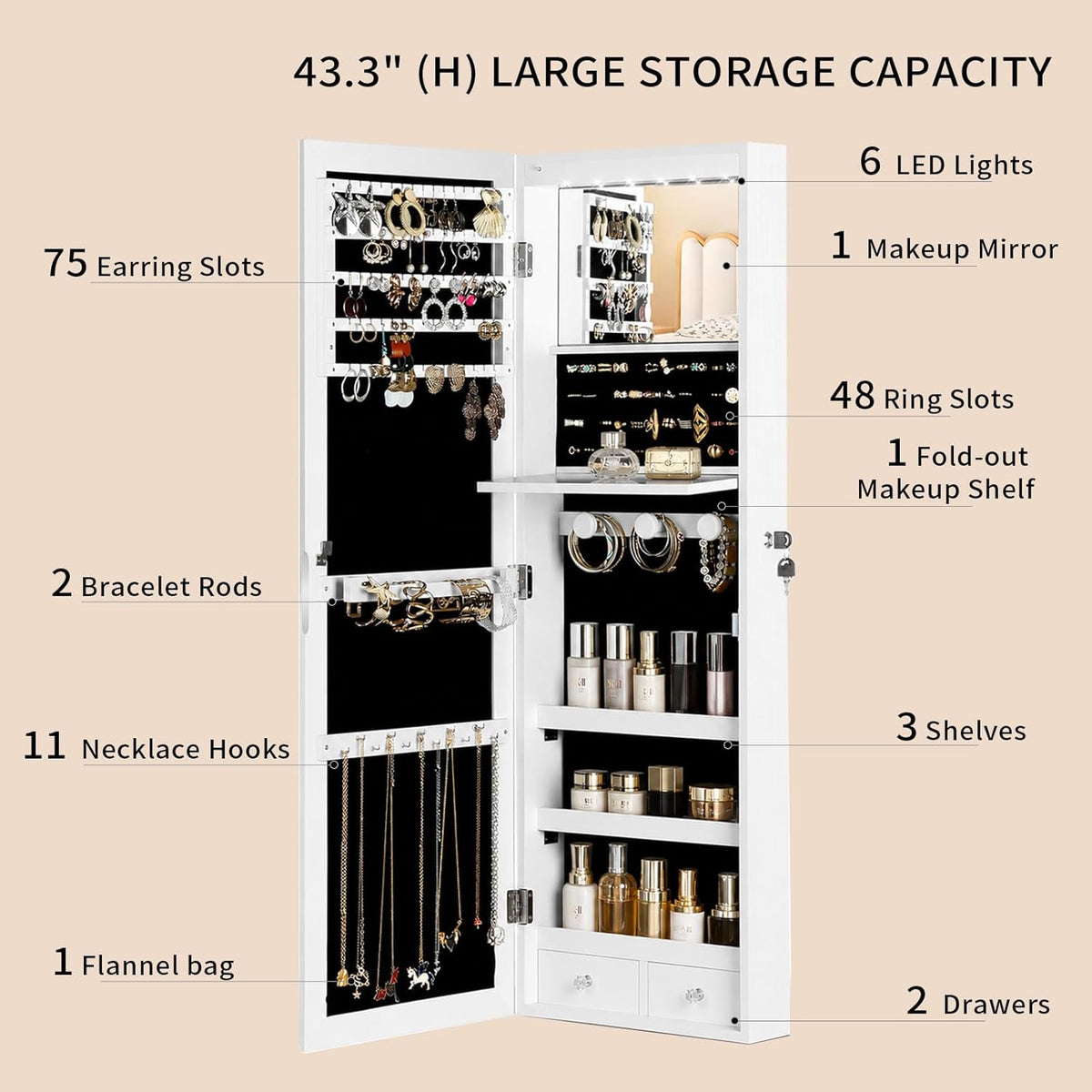 over the door jewelry organizer, wall mounted jewelry showing dimensions
