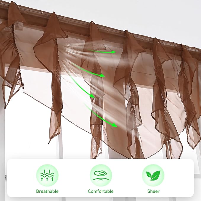 PearAge Ruffled Voile Semi Sheer Curtain Valance, Kitchen Living Room Shabby - Image 3