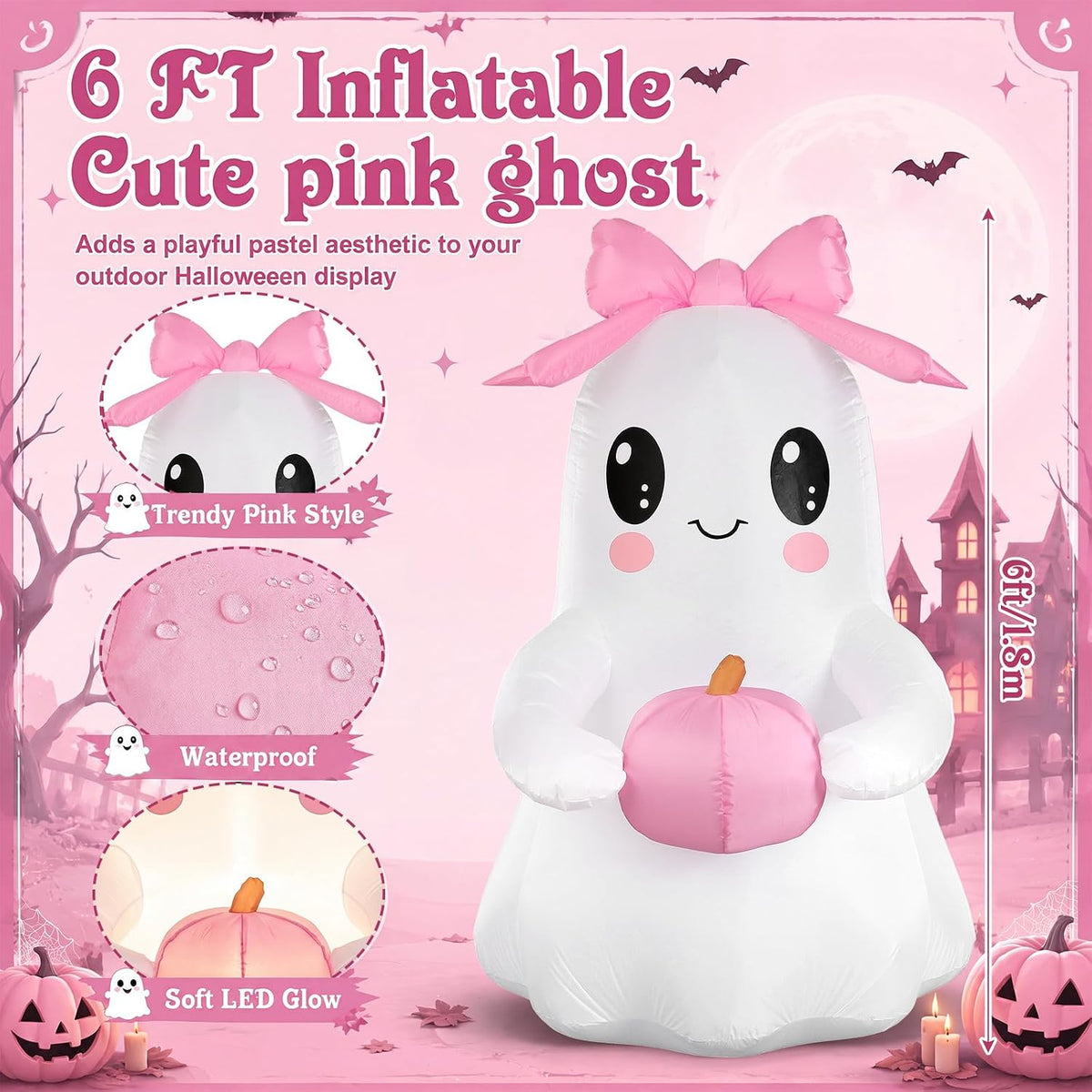 6 ft Pink Bow Halloween Inflatable Ghost Outdoor Decoration