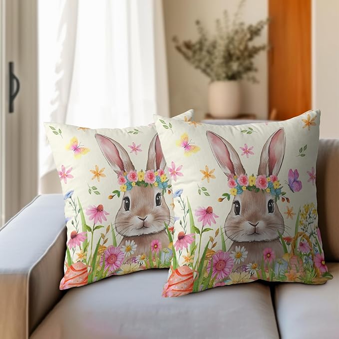 Easter Rabbit Throw Pillow Covers 20x20 Inch Set of 2 Cute Bunny Cotton Linen - Image 6