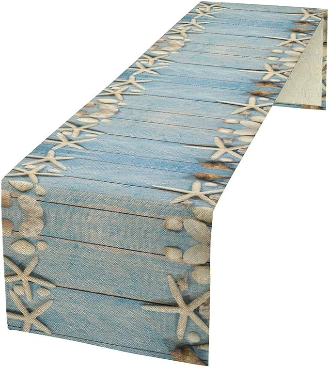 Summer Beach Starfish Table Runner Beach Seashells Blue Rustic Wood Printed by Unknown