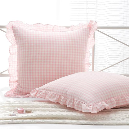 2 Pack Blush White Plaid Ruffle Gingham Euro Shams Pillow Covers, 100% Washed by KMASANIJI