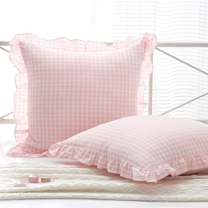 2 Pack Blush Gingham Ruffle Euro Pillow Sham Covers, 100% Washed Cotton Plaid by KMASANIJI