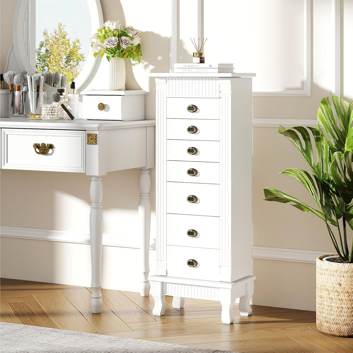 dreamade jewelry armoire, standing jewelry box w/mirror &, front angle view