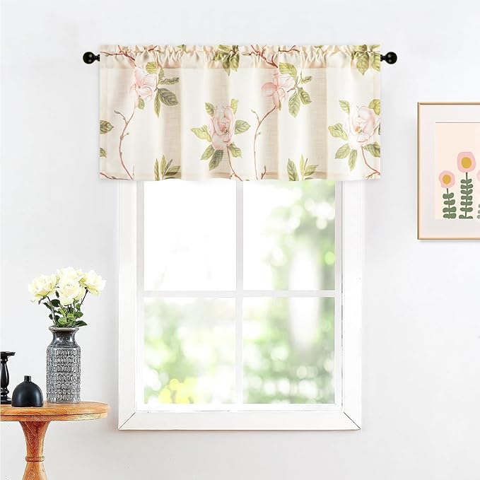 Leeva Pink Floral Printing Kitchen Curtain Valances, Rod Pocket Light Filtering - Image 2