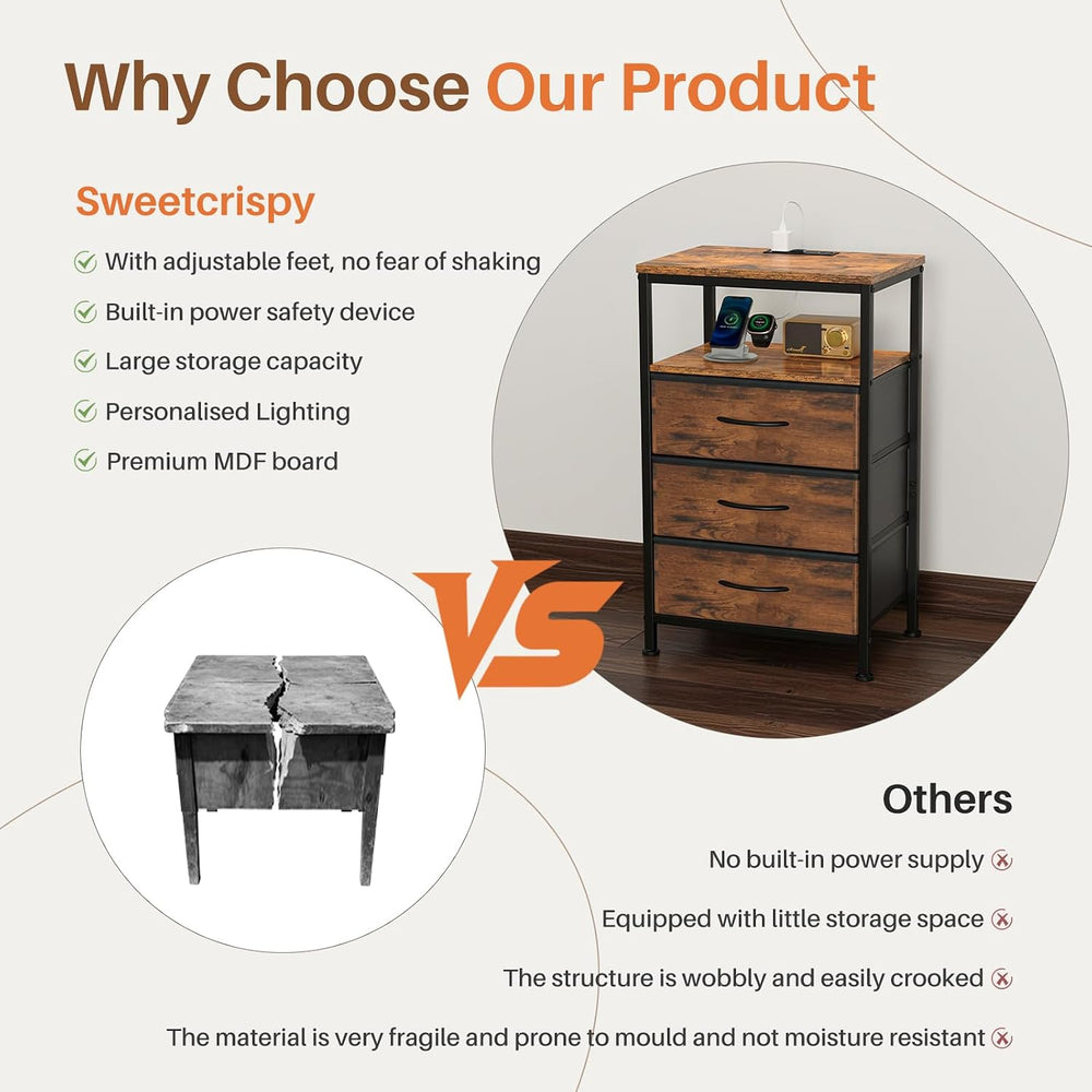 Sweetcrispy Nightstand with Charging Station 5 Fabric Drawers Bedside Table