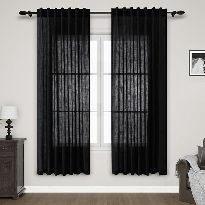 Nanspring Black Semi Sheer Linen Curtains 72 inch Length by Nanspring