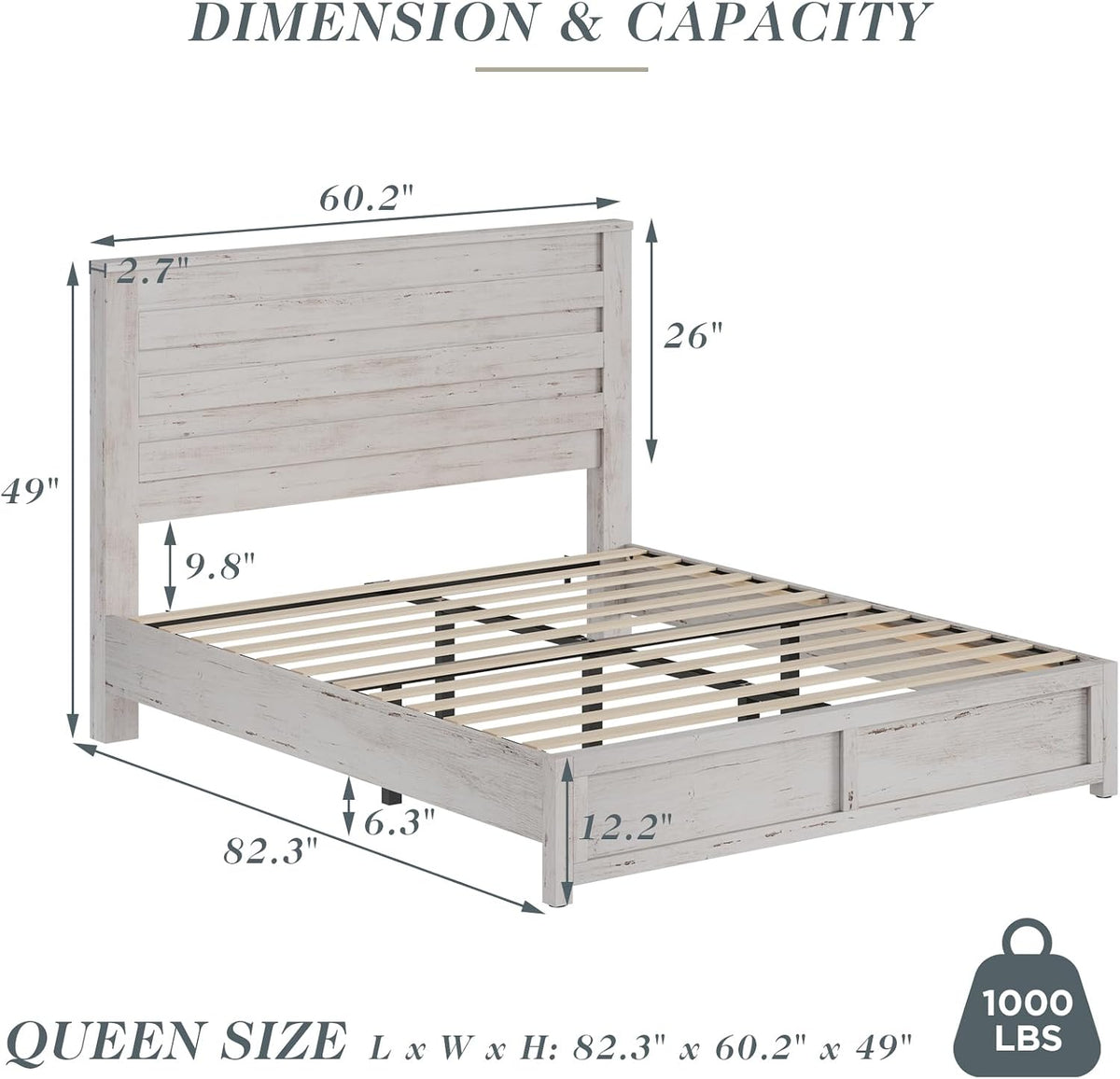 albott farmhouse queen platform bed with 49" headboard shown in use