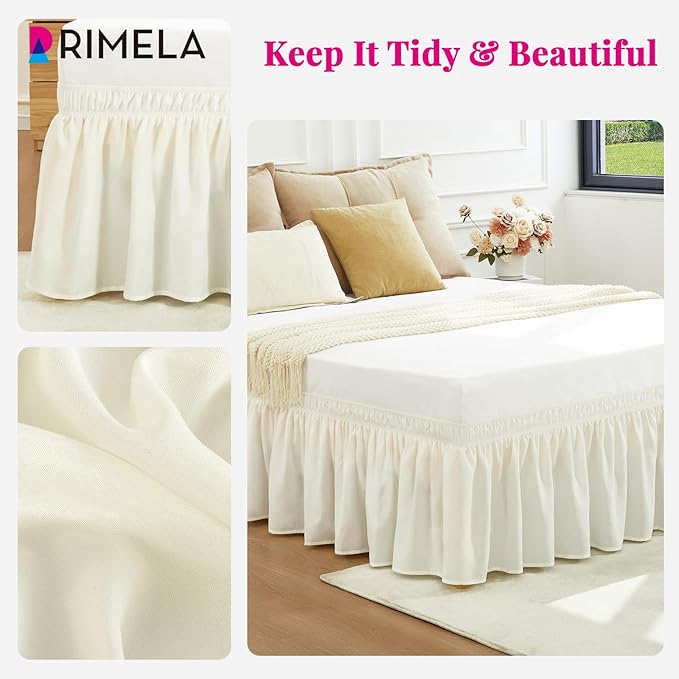 RIMELA Cream Bed Skirt Wrap Around Elastic Dust Ruffles Solid Color Wrinkle and - Image 3