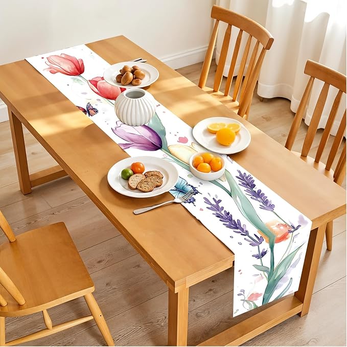 Elegant Hand-Painted Watercolor Floral Table Runner – Spring Tulip & Lavender - Image 2