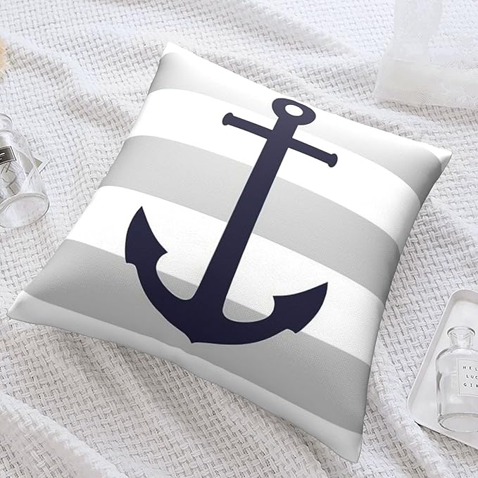 Myshe Square Nautical Navy Blue Anchor On Gray Stripes Throw Pillow Cover - Image 7
