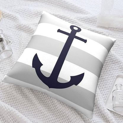 Myshe Square Nautical Navy Blue Anchor On Gray Stripes Throw Pillow Cover - Image 7