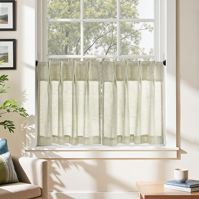 jinchan Linen Pinch Pleated Kitchen Curtains 24 Inch 2 Panels, Natural Linen - Image 3