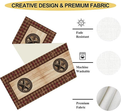 Western Table Runner, Rustic Texas Star Wooden Plank Buffalo Plaid Farmhouse - Image 5