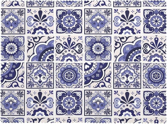 Talavera Mexican Tiles Tablecloth Navy Blue Flowers Leaves Hearts and Swirls - Image 7