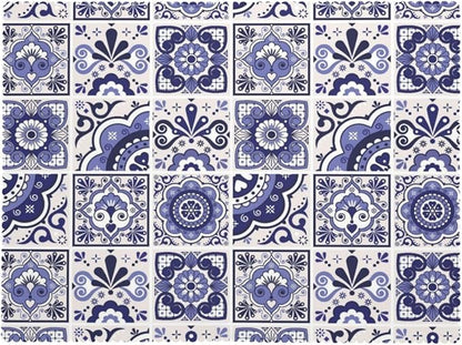 Talavera Mexican Tiles Tablecloth Navy Blue Flowers Leaves Hearts and Swirls - Image 7