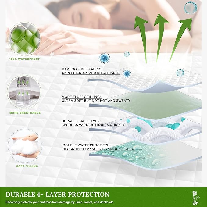 UNILIBRA Queen Mattress Pad Waterproof Rayon Made from Bamboo, Fitted Deep - Image 2