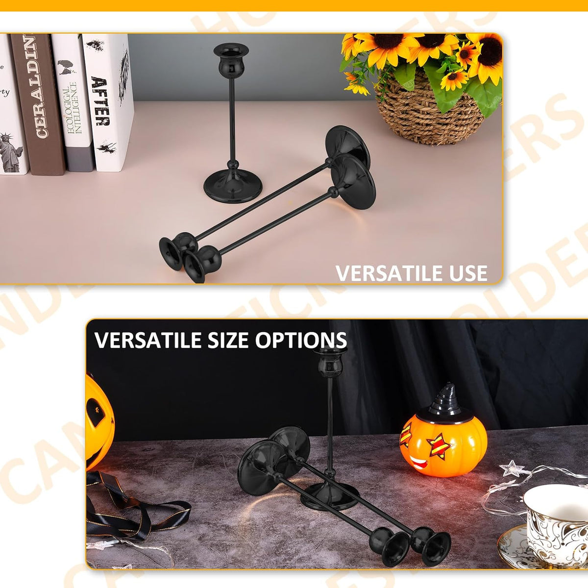 Taper Candle Holder Tall Vintage Metal Candlestick Holders Candle Stick Candelabra for Halloween Thanksgiving Christmas Holiday Wedding (Matt Black, 2 Sets (6 pcs))