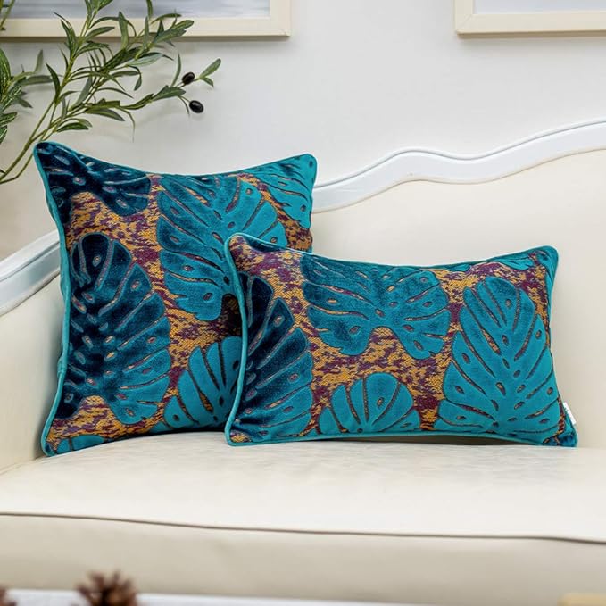 Alerfa 18 x 18 Inch Square Leaf Pillow Embroidery Cut Velvet Cushion Case - Image 4