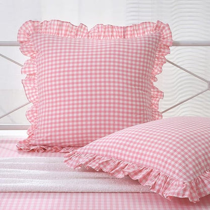 2 Pack Coral Pink White Plaid Ruffle Euro Throw Pillow Covers, 100% Washed by KMASANIJI