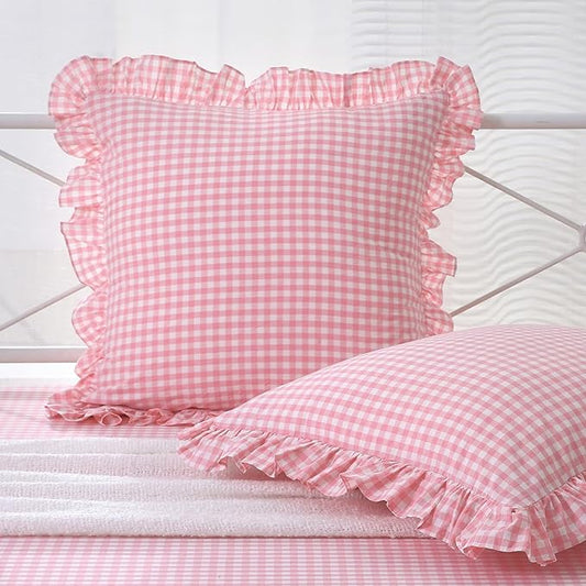 2 Pack Coral Pink White Plaid Ruffle Euro Throw Pillow Covers, 100% Washed by KMASANIJI