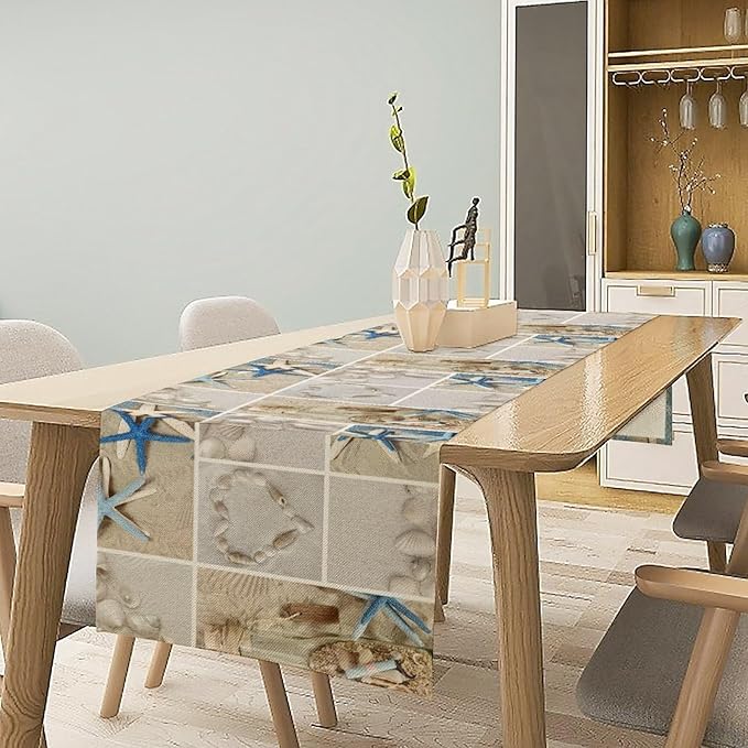 Nautical Coastal Table Runner, Beach Starfish Seashells Patchwork Table Runner - Image 2