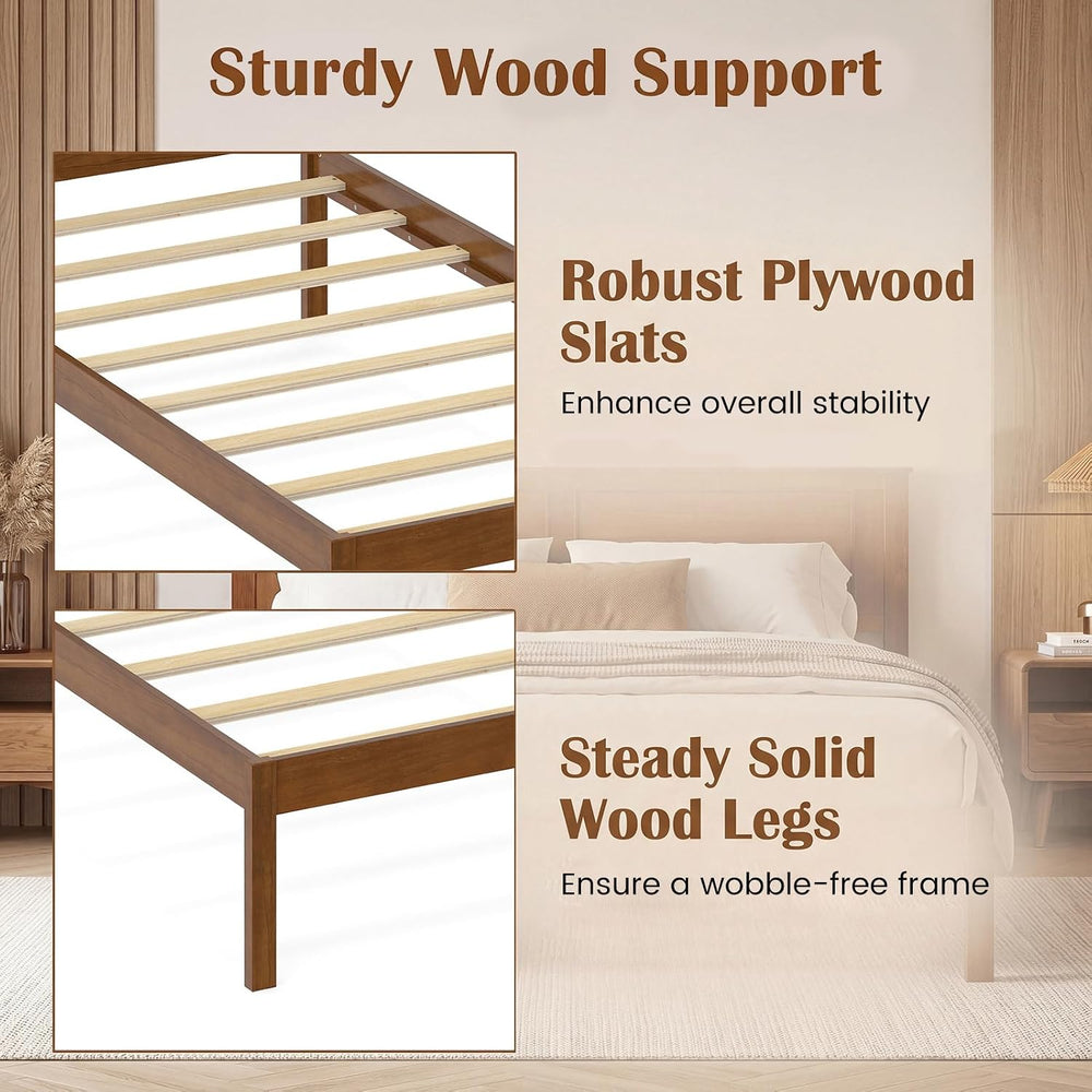 KOMFOTT Twin Size Bed Frame, Farmhouse Wooden Platform Bed with Headboard