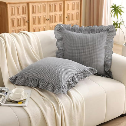 Black/White Plaid Ruffle Throw Pillow Covers Shabby Checkered Gingham 18"x18" - Image 2
