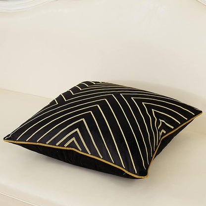 Avigers 20 x 20 Inch Black Gold Striped Geometric Lines Embroidery Velvet - Image 3