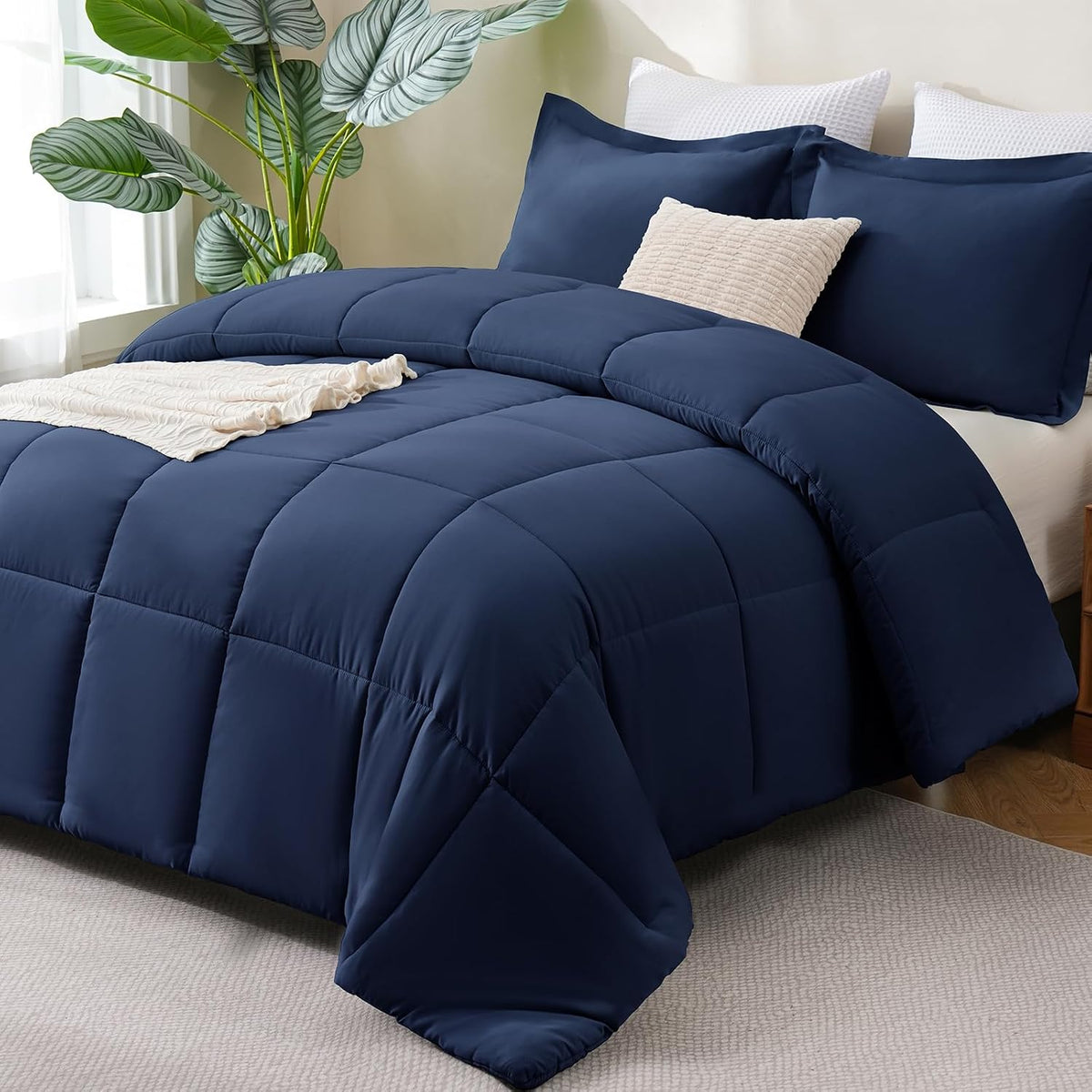 cozylux full size comforter sets, 3-piece box-stitched, navy, main product view