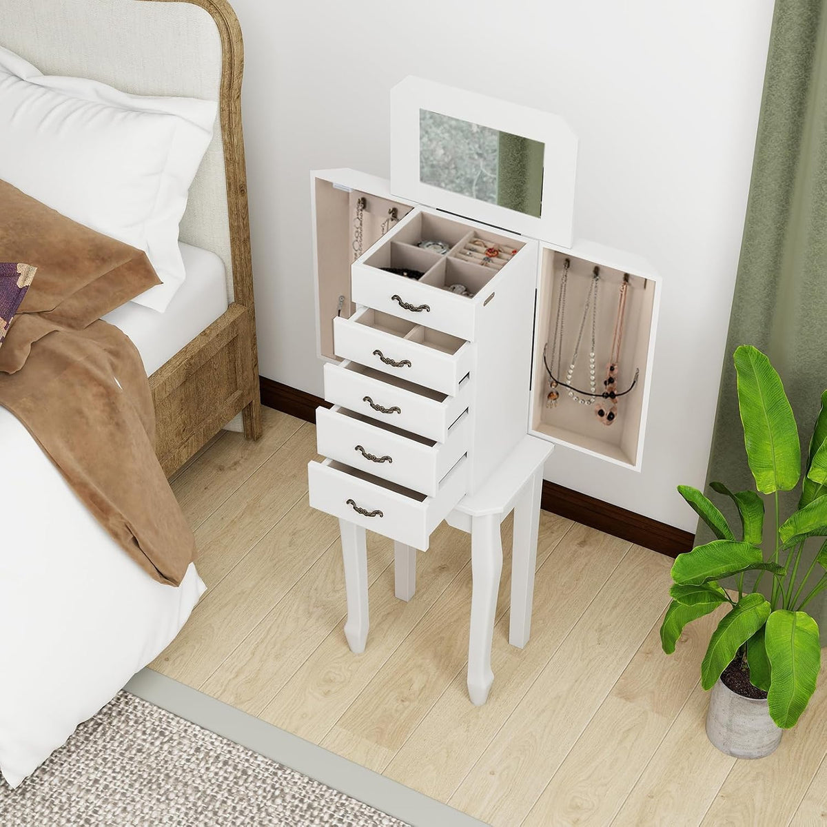 charmaid standing jewelry cabinet with 4 drawers, flip, close-up detail