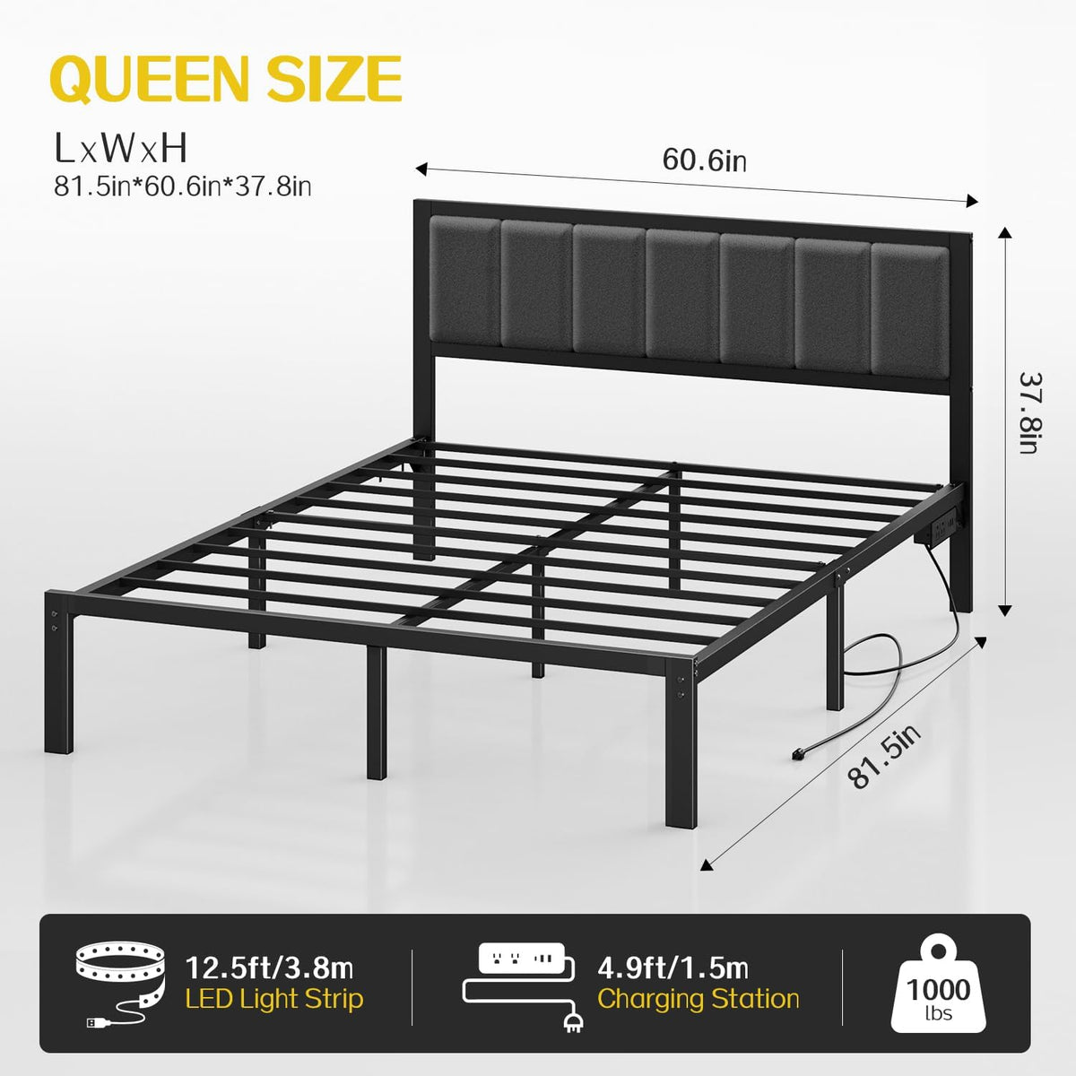 olevs queen bed frame with headboard, smart led shown in use
