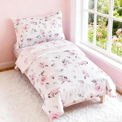 PERFEMET Floral Toddler Bedding 4-Piece Pink Flower Toddler Girls Comforter - Image 2