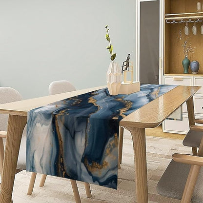 Marble Print Table Runner, Modern Blue Gold Abstract Table Runner - Image 7