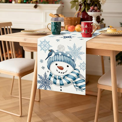 OTOSTAR Snowflakes and Blue Snowman Christmas Table Runner, Xmas Seasonal - Image 8