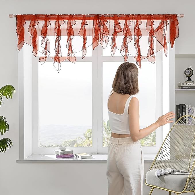 PearAge Ruffled Voile Semi Sheer Curtain Valance, Kitchen Living Room Shabby - Image 3