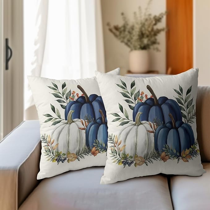 Pumpkins Throw Pillow Covers 22x22 inch 2 Packs Fall Blue and White Pumpkin - Image 6