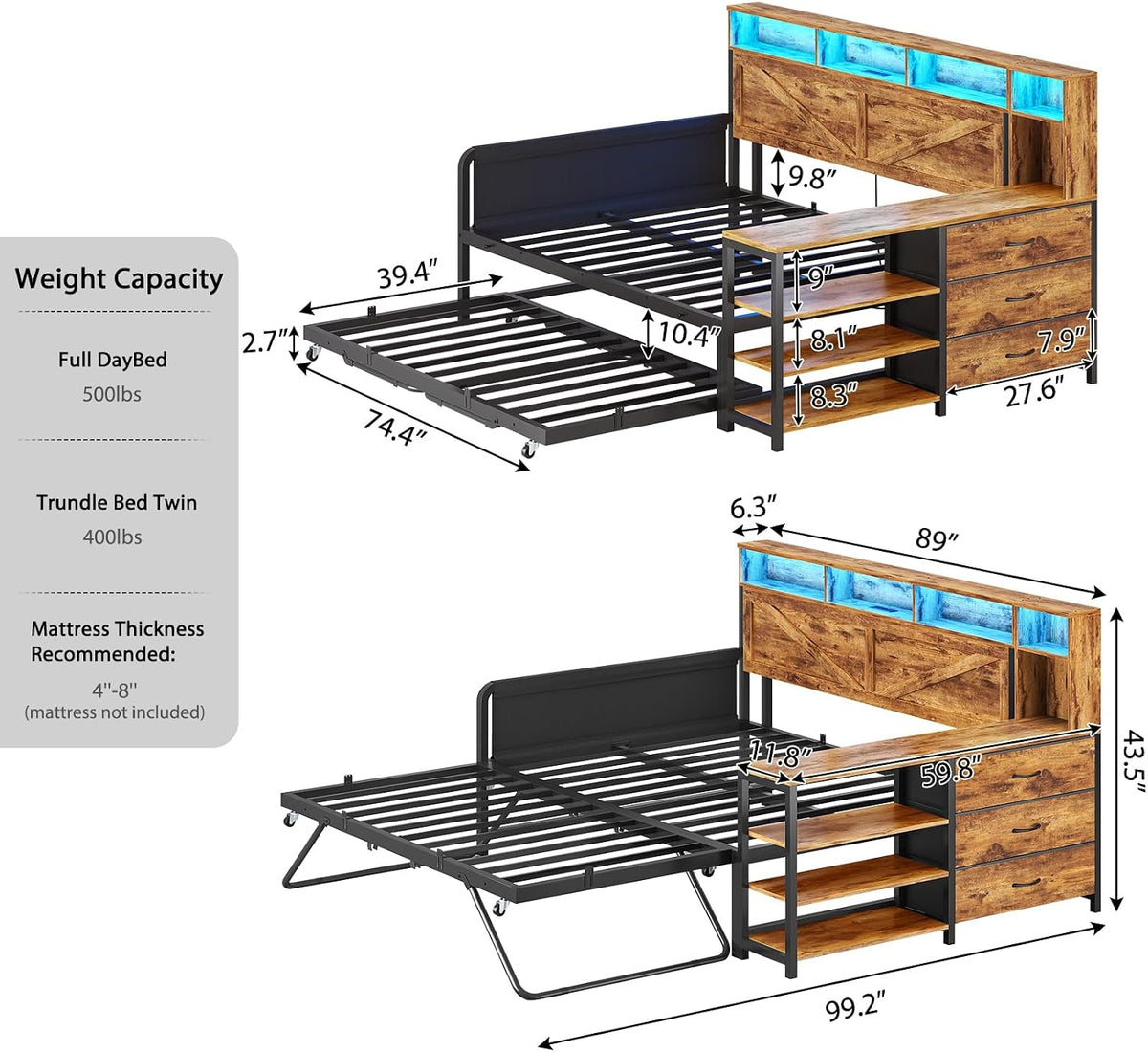 viagdo daybed with pop up trundle, farmhouse wooden, close-up detail