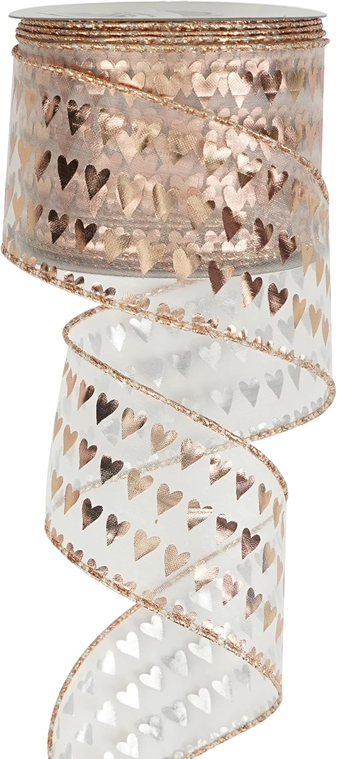 MEEDEE 2.5 Inch Rose Gold Heart Wired Ribbon 25 Yards Pink Sheer Ribbons by MEEDEE