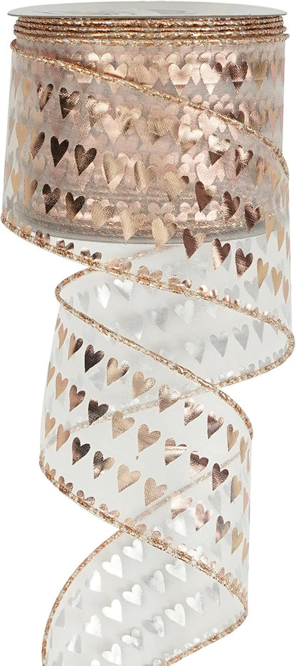 MEEDEE 2.5 Inch Rose Gold Heart Wired Ribbon 25 Yards Pink Sheer Ribbons by MEEDEE