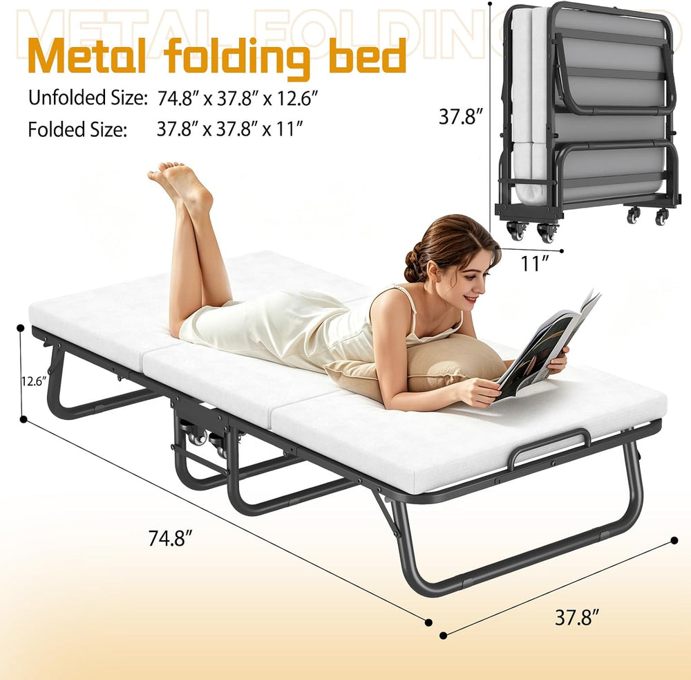 Folding Bed, 75 x 38 Portable Rollaway Guest Beds on Wheels, Foldable Bed