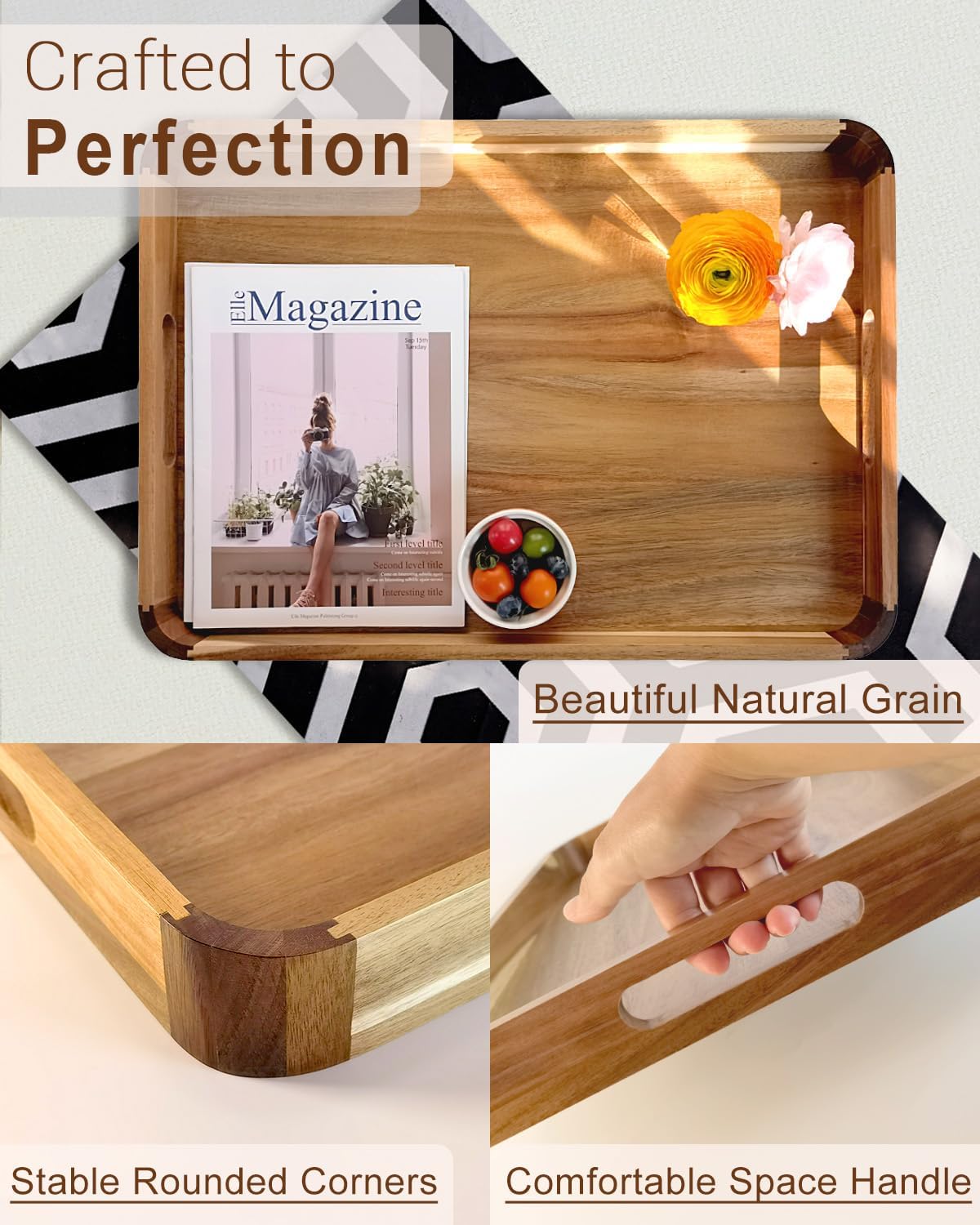 22 inch wooden serving tray, acacia ottoman tray showing dimensions