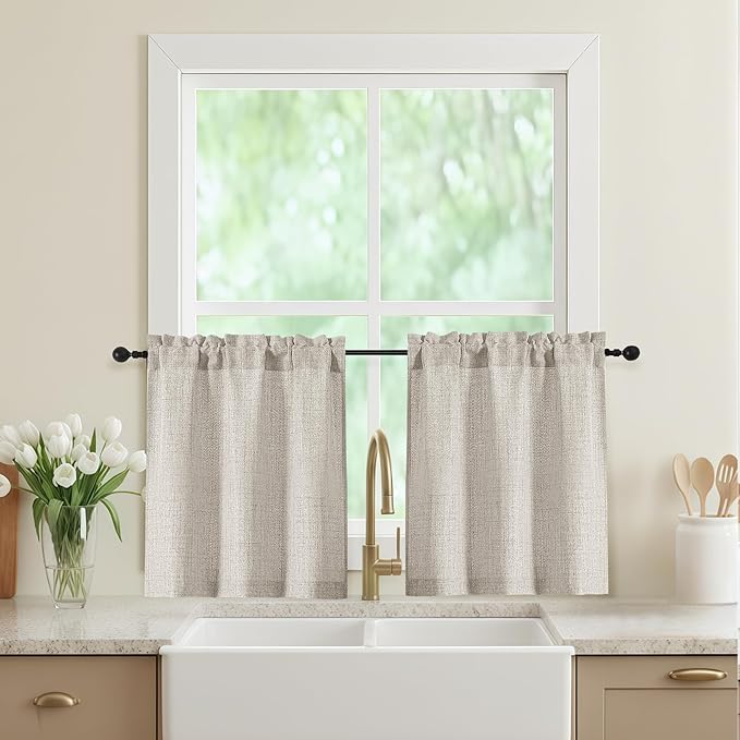 Linen Kitchen Curtains 24 Inch Length 2 Panels, Light Filtering Faux Linen by WelvetBLK