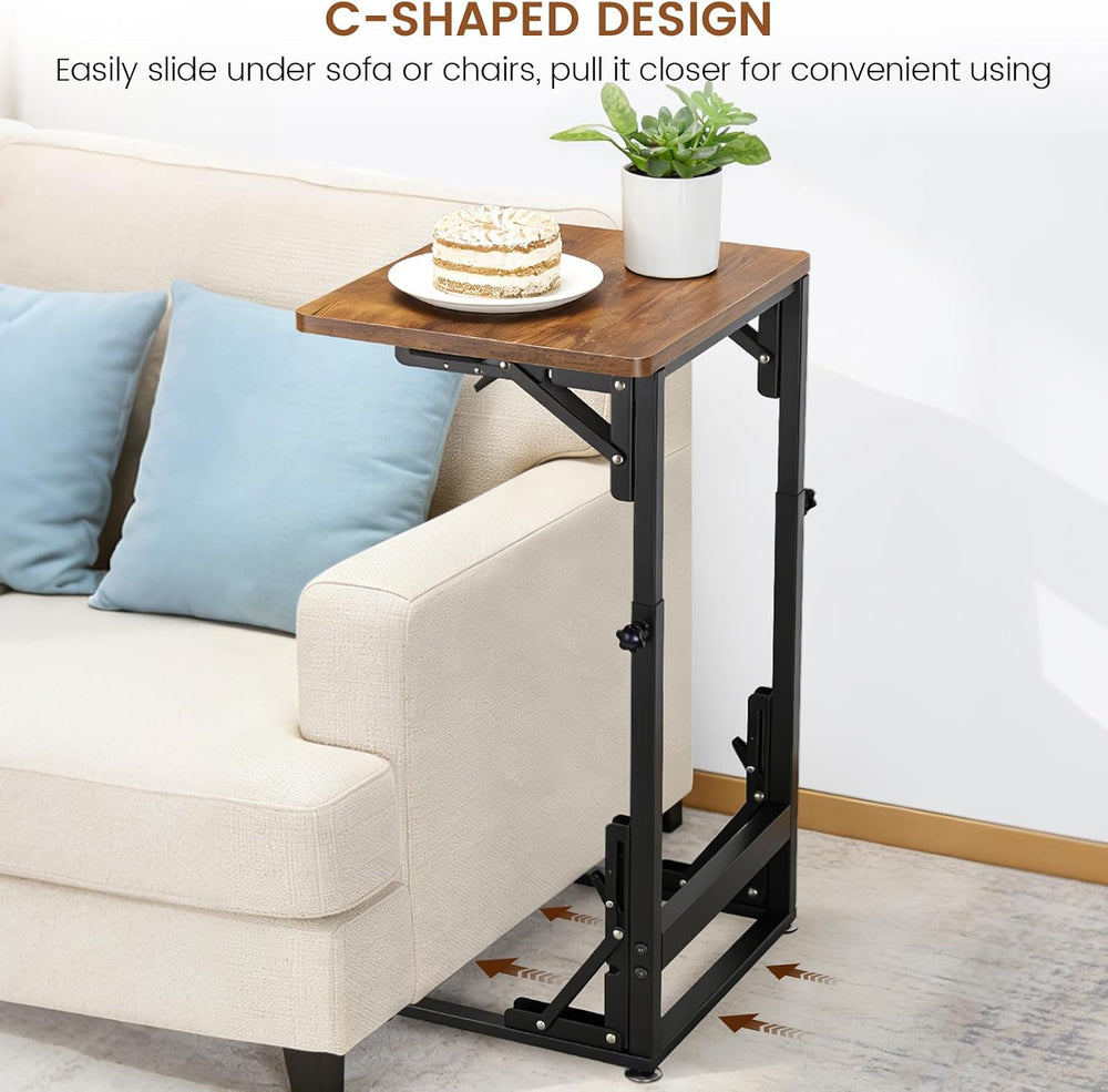 Folding Side Table, Adjustable C-Shaped End Table for Couch, Metal Frame TV T...